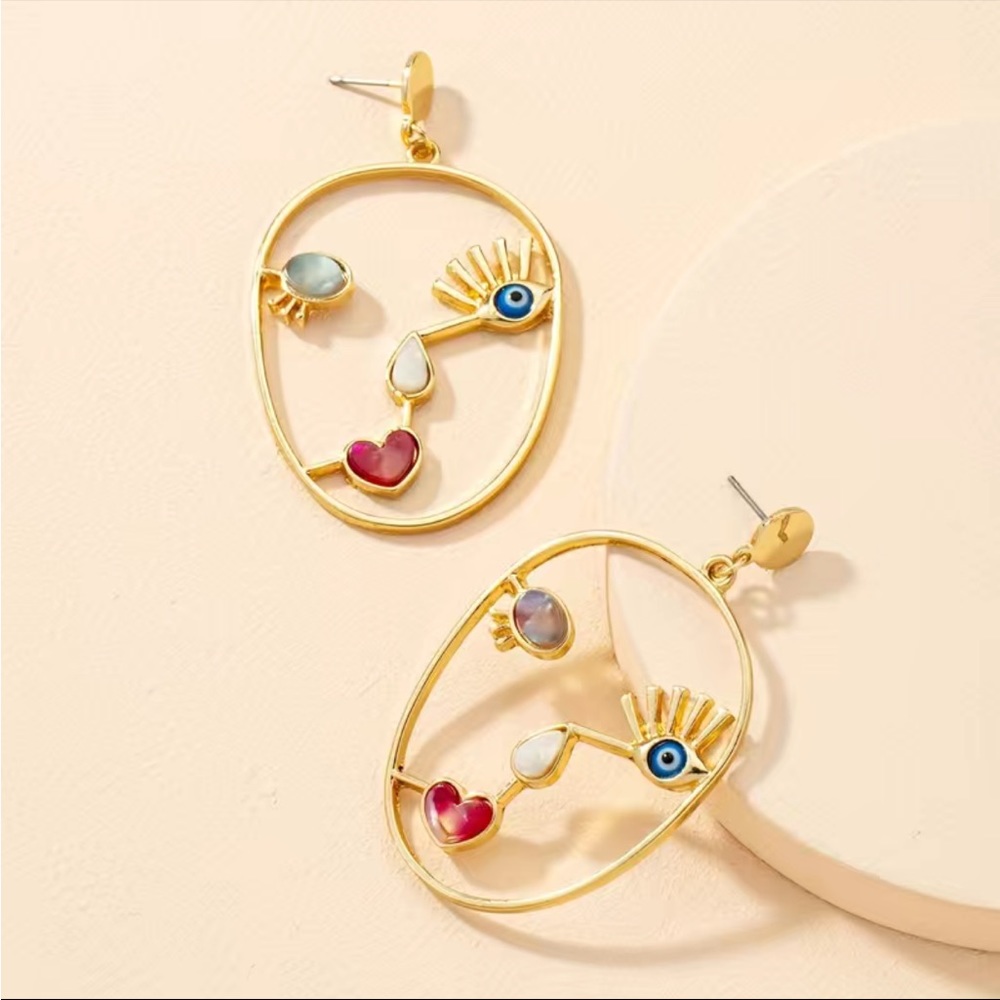 Abstract Face Gold Dangle Earrings
